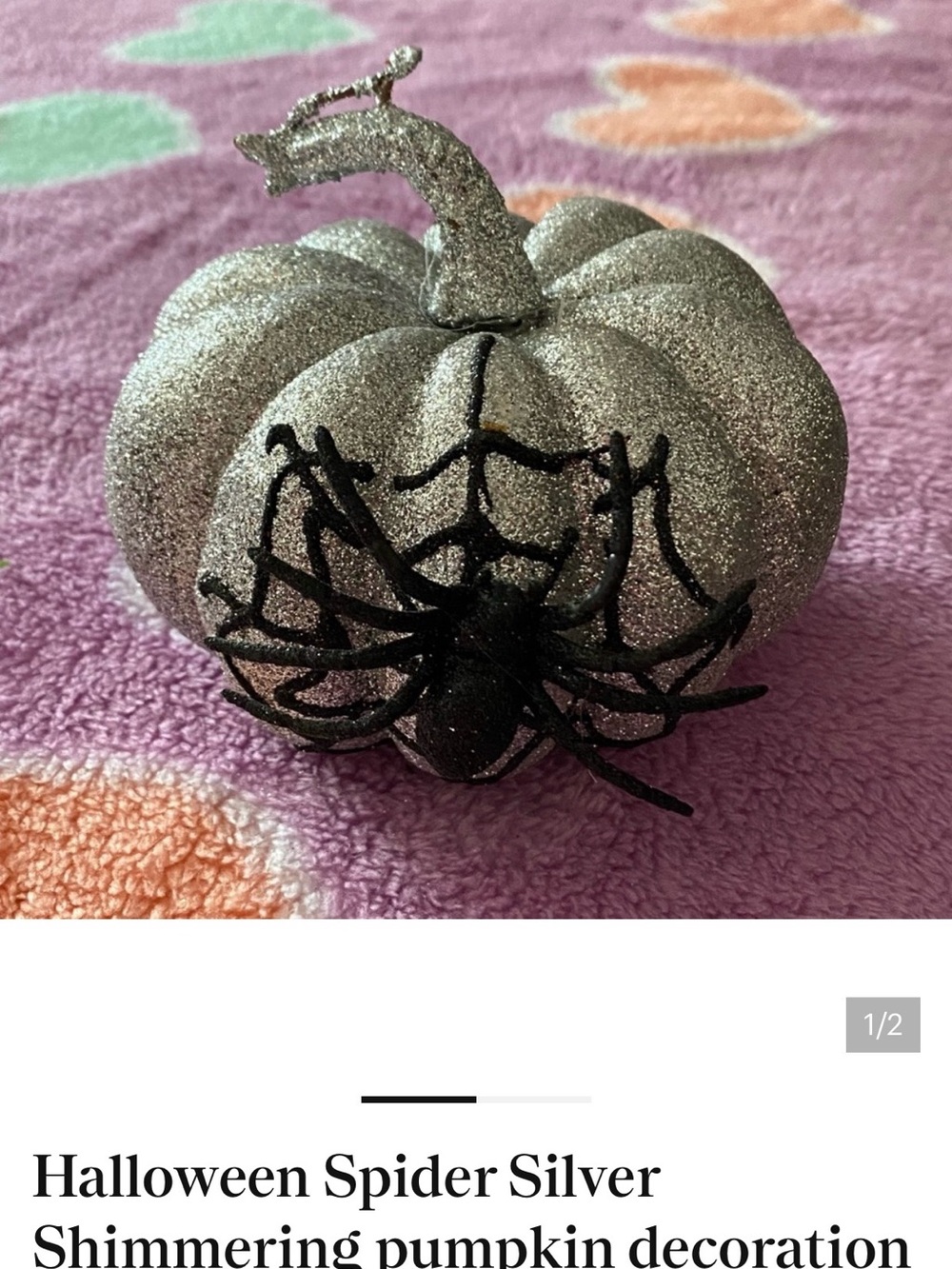 Silver Glitter Pumpkin with Black Spider Accent and two glitter orange pumpkins.